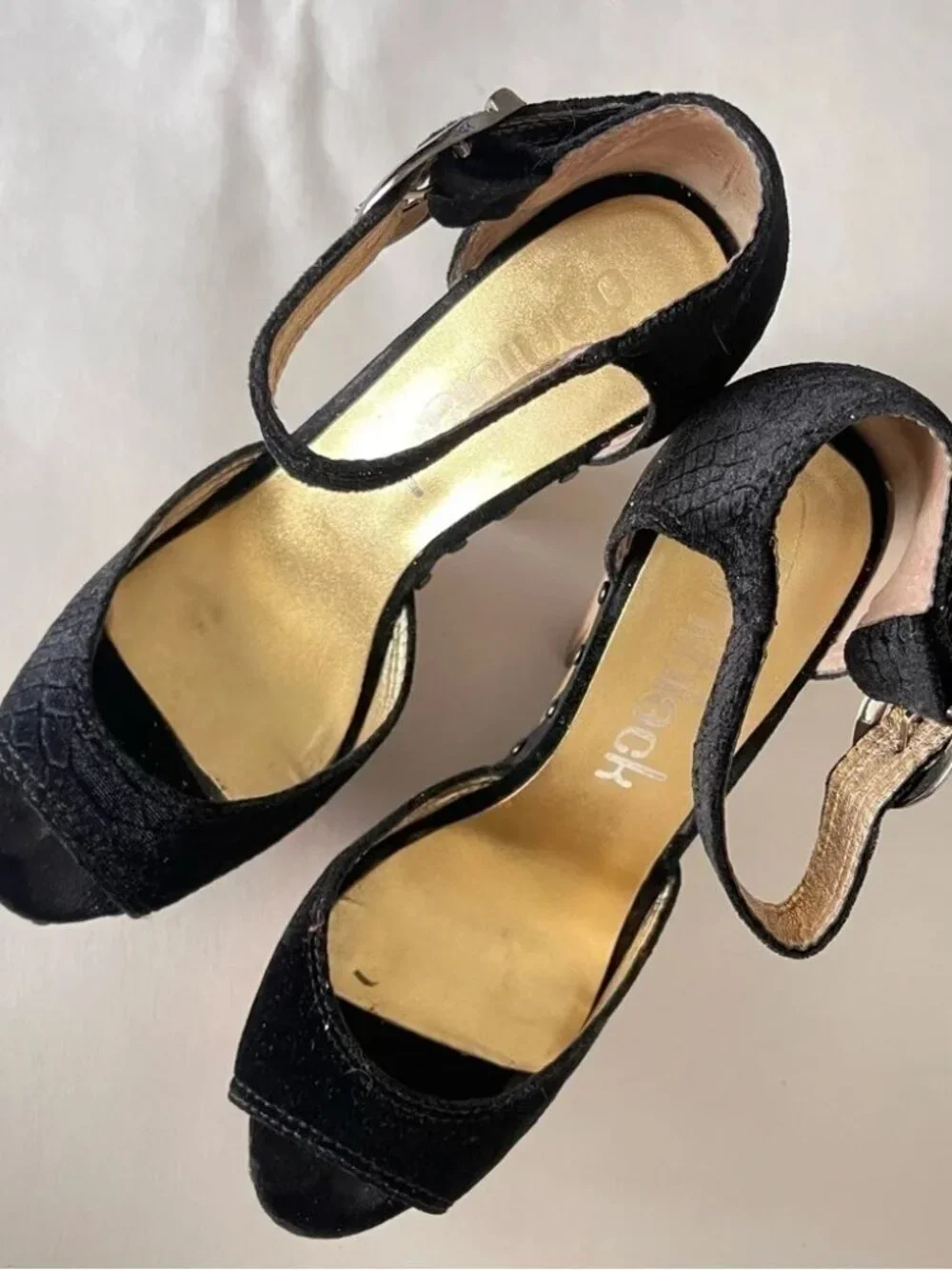 daniblack Black Snakeskin-Pattern Velvet Platform Sandals | Size 7